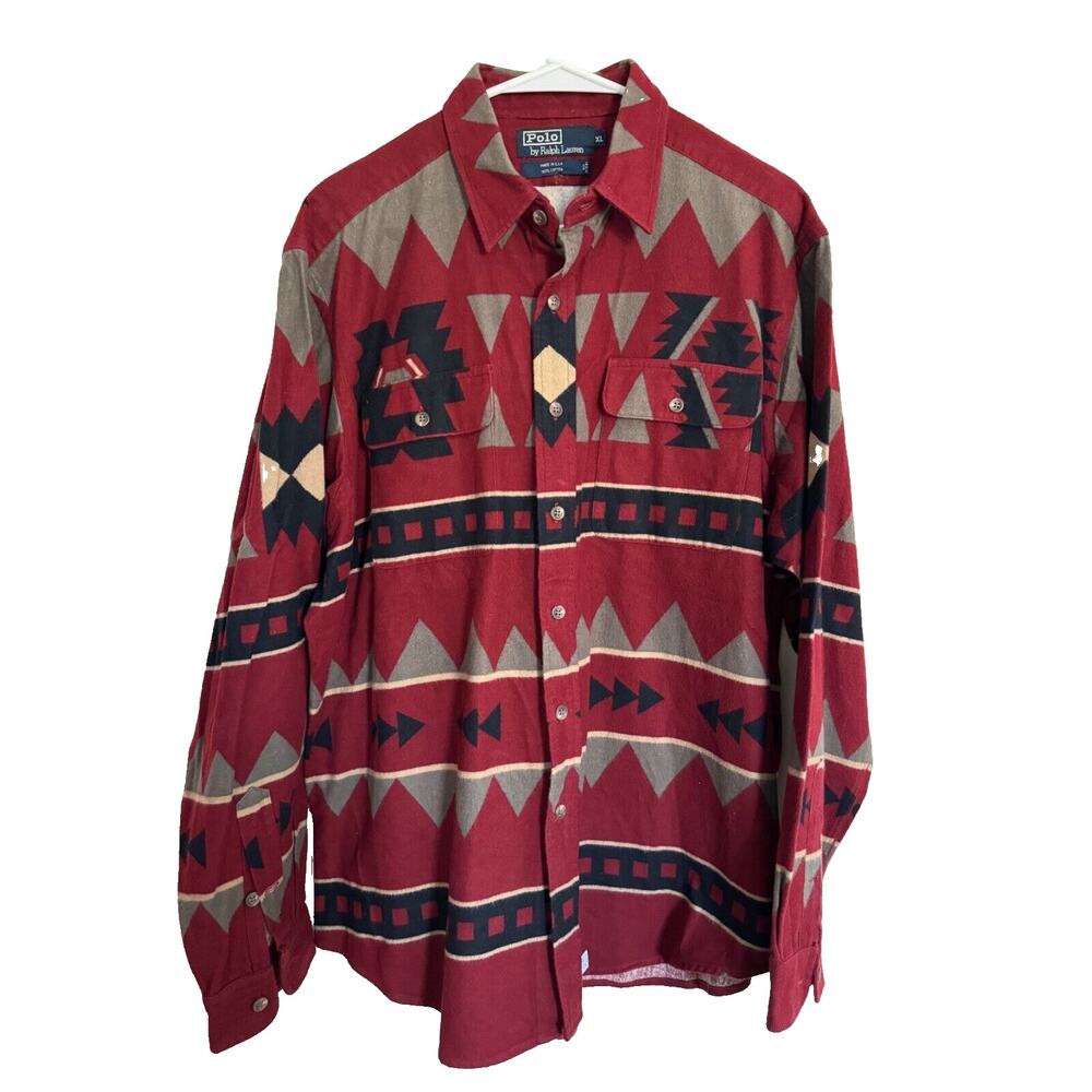Polo Ralph Lauren Aztec Southwest Button Up Flannel Shirt Mens XL Red Cotton